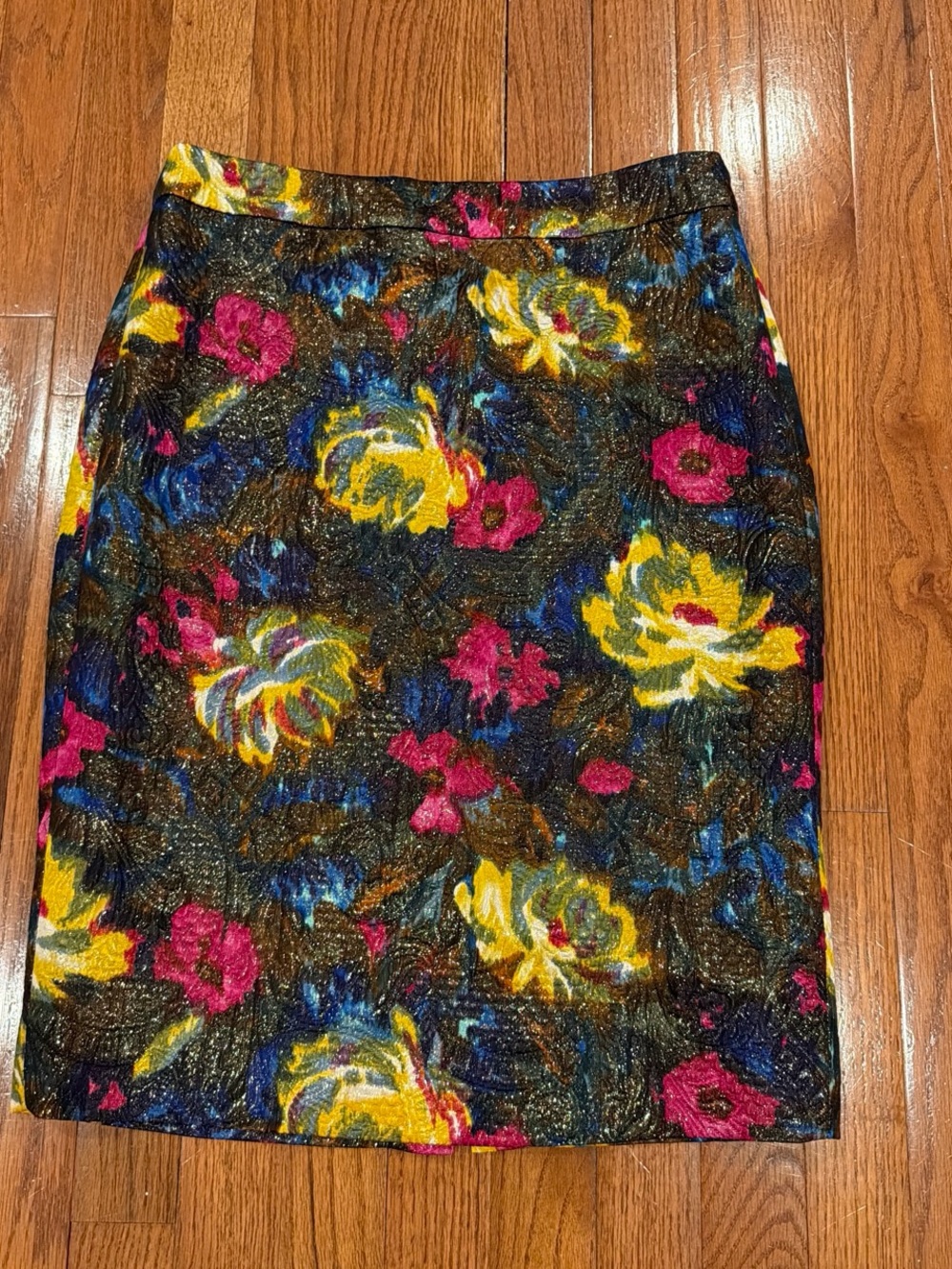 J. Crew Floral Metallic Pencil Skirt in Black, Yellow & Pink